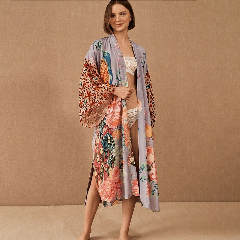 Peacock Print Sun Protection Cardigan Seaside Vacation Loose Jacket