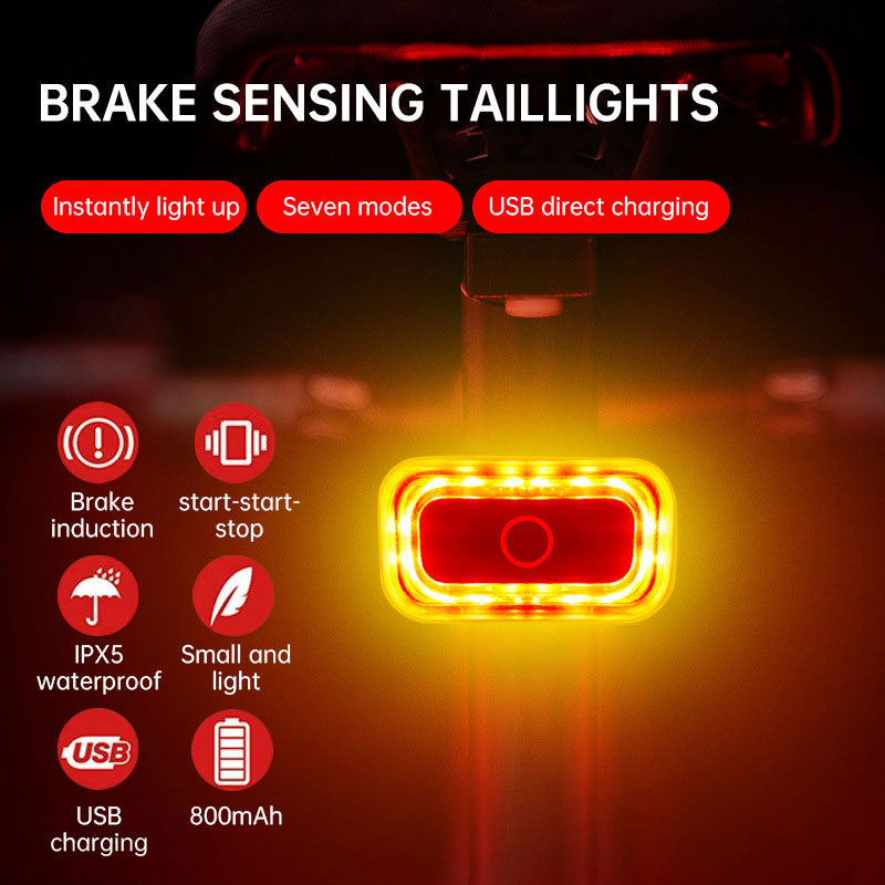 Intelligent induction brake bicycle taillight road mountain bike charging warning riding equipment square red taillight