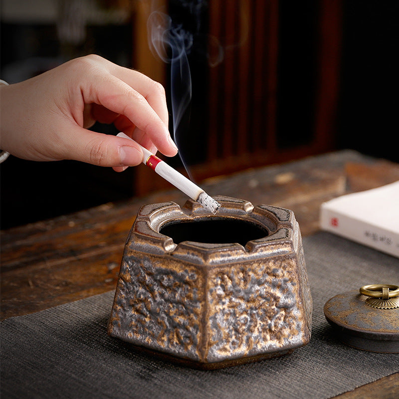 Creative Handmade Rough Pottery Tea Table Retro Simple Personality Household Ceramic Cigar Ashtray with Lid